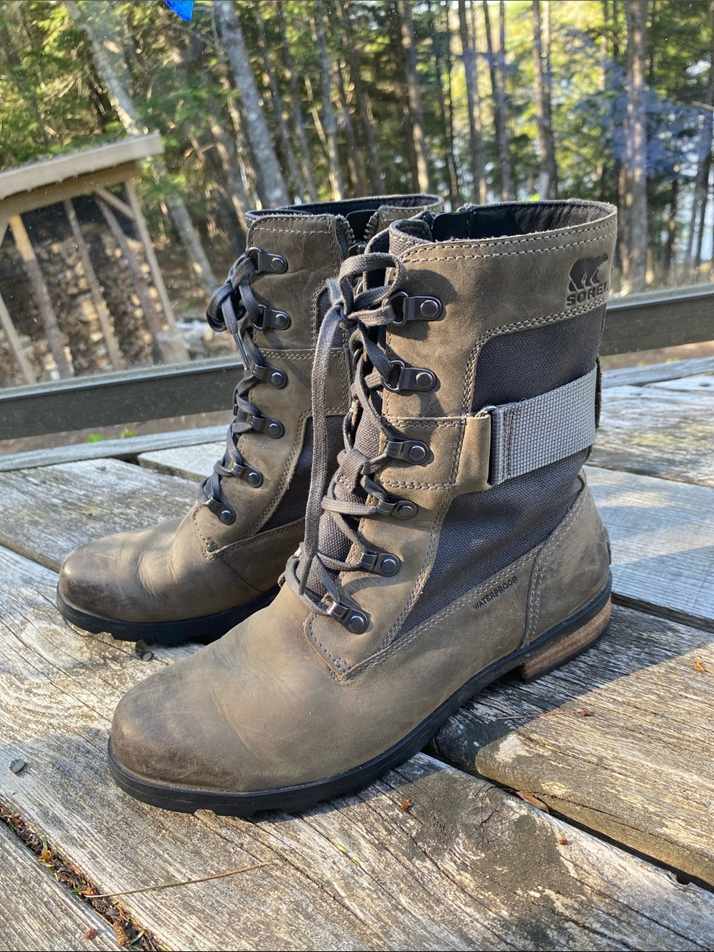 Sorel Emelie Conquest Waterproof Boot Quarry Women's Size 9 Side Zip Olive Green